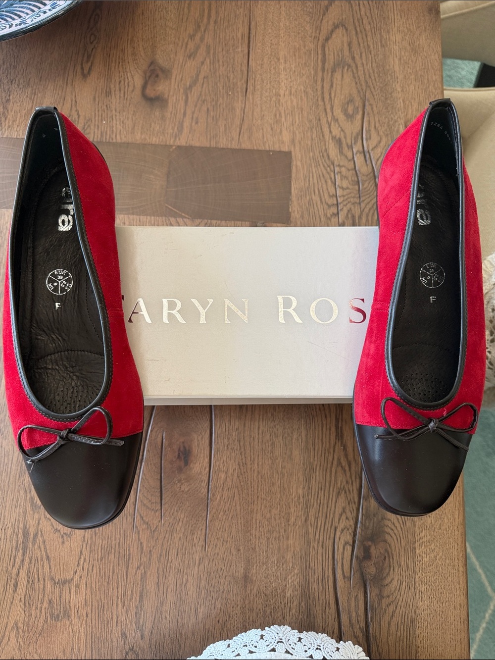 Taryn Rose Red Suede and Black Leather Cap-Toe Ballet Flats